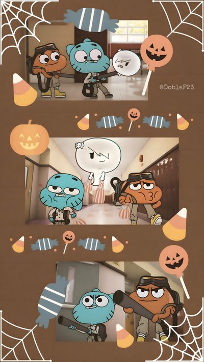 an image of the inside of a house with halloween decorations and cartoon characters on it Gumball Halloween Angel Lilo And Stitch, Cute Disney Characters, Unique Iphone, Amazing Gumball, dim gray