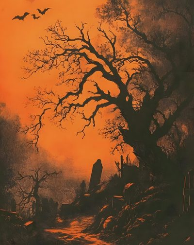 an image of a painting that looks like it is in the middle of a forest Vintage Halloween Orange Orange Horror Background, Old Halloween Background, Vintage Spooky Background, saddle brown