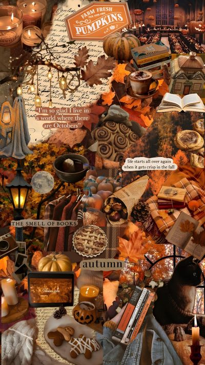 a collage of many different items including pumpkins, books and candles Autumn Aesthetic Halloween Collage September, Autumn Aesthetic Tumblr, Autumn Phone, saddle brown