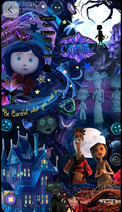 an image of a poster with people and animals on it's sides, in the background Halloween Iphone Coraline Mode, Backgrounds Coraline, Coraline Iphone, dark slate gray