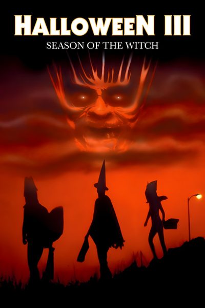 the poster for halloween ii season of the witch, which features three silhouettes in front of an orange sky Halloween 3 Season Of The Witch Season Of The Witch Poster, Halloween 5 Movie, Season Of The Witch Movie, maroon