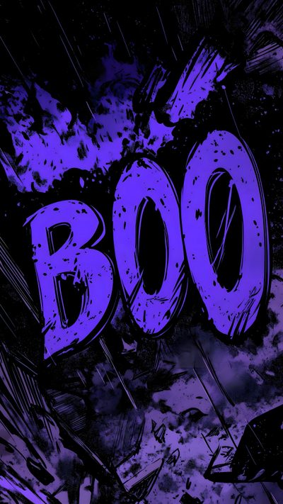 the word boo is painted in purple and black on a dark background with splashes Purple Halloween Boo Dark Graffiti 4k, Purple And Blue Skull, Black And Purple Graffiti, Pc Best,