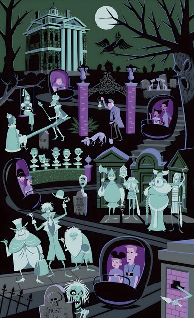 an image of halloween scene with people in the cemetery and ghost on the street at night Haunted Mansion Halloween Haunted Mansion Ride Card, Haunted Mansion Art, Shag Disney Art, dark slate gray