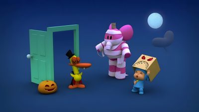 some cartoon characters are standing in front of an open door and looking at the pumpkin Pocoyo Halloween Pocoyo Easter, Pocoyo Holidays, Halloween Cartoon Episode, Pocoyo Scared, midnight blue