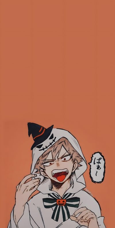 a drawing of a person wearing a hat and holding something in his hand with an orange background Bakugou Halloween Mha Phone Bakugou, Bakugo Katsuki Fanart Cute, Funny Anime Pics, Cool Anime, indian red