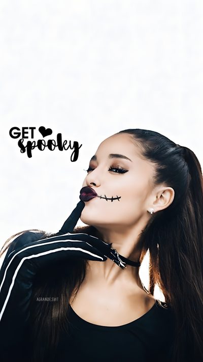 a woman with her mouth open and makeup painted to look like a skeleton Ariana Grande Halloween Ariana Grande Pumpkin, Ariana Grande Jack Skellington, Ariana Grande Fall, gainsboro