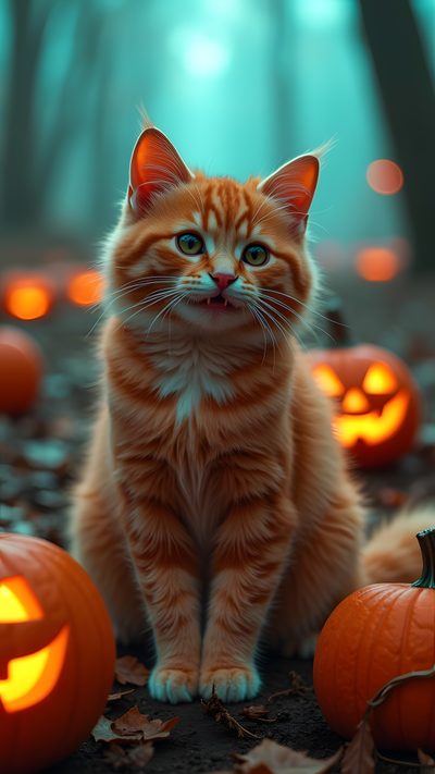 an orange cat sitting next to pumpkins in the woods with glowing eyes and ears Orange Cat Halloween Cute Pumpkin Cats, Halloween Cat Orange, Pumpkin Patch With Cats, dark olive green