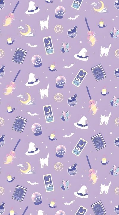 a purple background with cats, books and other things on it's surface in different colors Halloween Cute Witch Purple Image Halloween, Witch, Halloween Backgrounds, Halloween Cute, Pastel, thistle