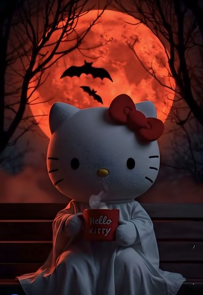 a hello kitty sitting on a bench holding a cup in front of the full moon Halloween Hello Kitty 3d Hello Kitty Scream, Hello Kitty Pictures, Strawberry Shortcake, black