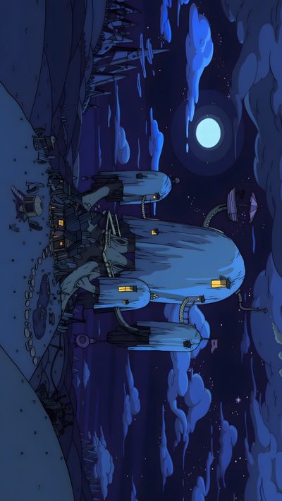 an animated image of a space station in the sky with clouds and stars around it Halloween Adventure Time Per Pc, Cozy Night Desktop, Adventure Time 2560x1440, midnight blue