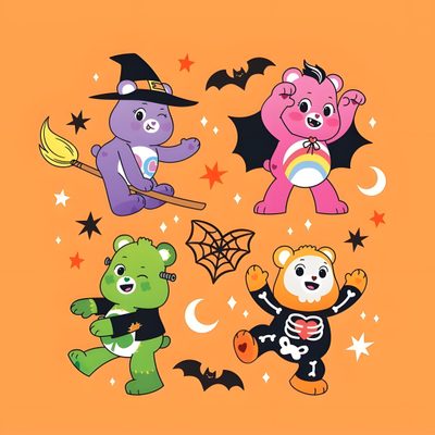 four teddy bears dressed up as witches, bats and pumpkins on an orange background Halloween Care Bear Care Bears Halloween Background, Care Bear Fall, Care Bear Halloween, sandy brown