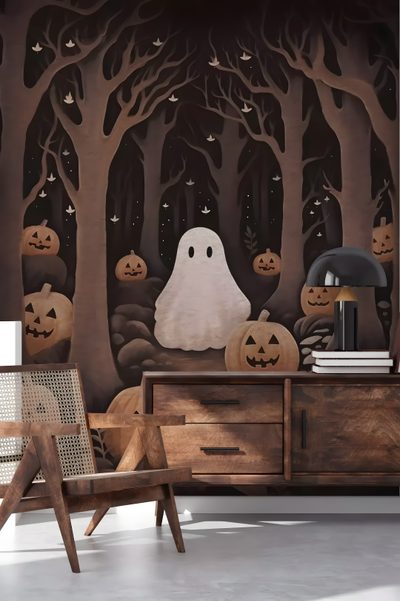 a halloween scene with pumpkins and ghost in the woods wallpaper mural print on a living room wall Halloween Ghost For Bedroom Ghost Mural, Haunted Cat, Halloween For Walls, For Black Cat Room, dark slate gray