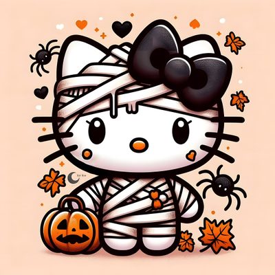 a hello kitty halloween card with a skeleton wrapped around it's head and pumpkins Kawaii Hello Kitty Cute Halloween Hello Kitty Halloween, Hello Kitty Imagenes, Image Halloween, bisque
