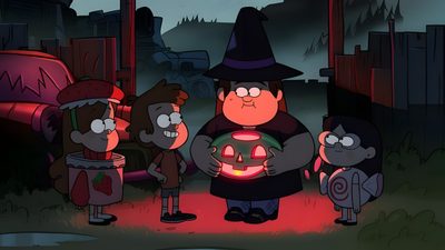 cartoon characters standing in front of a red light with an evil witch holding a glowing pumpkin Disney Channel Halloween Gravity Falls Halloween, Halloween Shows, Gravity Falls Computer, black