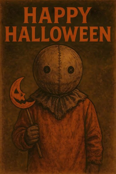 a drawing of a scarecrow holding a jack - o - lantern in his hand Halloween Sam Slayer Band, Horror Movie Fan, Horror Movie Characters, Horror Movie Posters, saddle brown