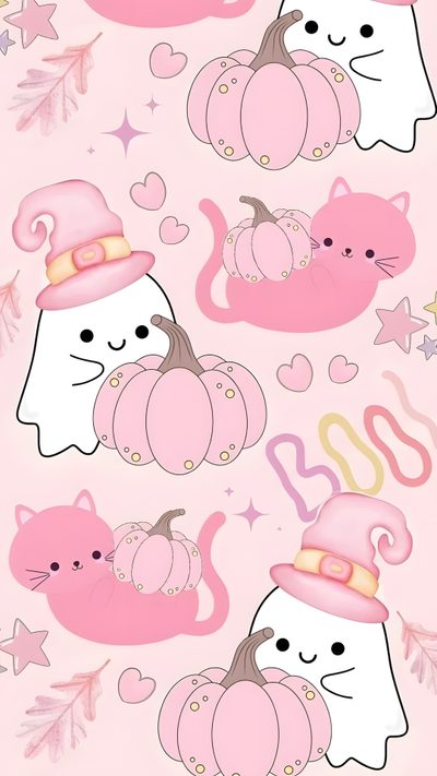 a pink background with cats and pumpkins on it Pastel Pastel Cute Pink Halloween Pink Halloween Iphone, Pink Background Halloween, Pink Halloween, misty rose