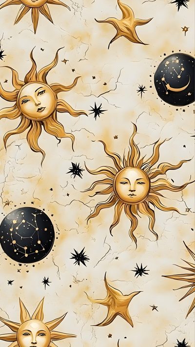 the sun, moon and stars are depicted in this seaming pattern on parchment paper Halloween Sun Pattern Sun Witch, Sun And Moon Background, Sun And Stars, Sun Moon Aesthetic, wheat
