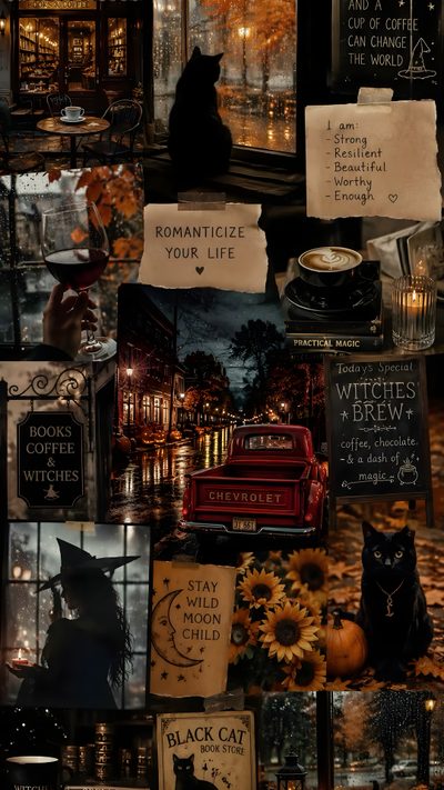 a collage of halloween cards with black cats and pumpkins in the background on display Vintage Halloween Collage Halloween, black