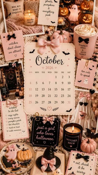 a table topped with lots of pictures and candles next to a calendar on top of a table Pink Halloween Collage Pink Aesthetic, Iphone, Halloween, Pink, dark salmon
