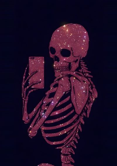 a skeleton holding a cell phone in its right hand with glitters all over it Pink Baddie Halloween Halloween Iphone Backgrounds, Halloween Cute, Pink Girly, Halloween Iphone, black