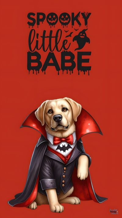 a dog wearing a dracula costume with the words spooky little babe on it Dog Halloween Iphone Cute Halloween Puppy, Dog Halloween Aesthetic, Cute Halloween Puppy Backgrounds, firebrick