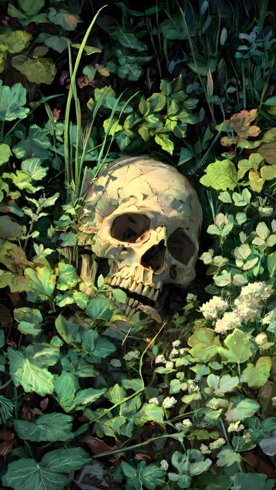a painting of a skull in the middle of some leaves and plants with green foliage around it Halloween Plant Creepy Landscapes Art, Green Halloween Aesthetic, Dark Academia Green Aesthetic, dark slate gray