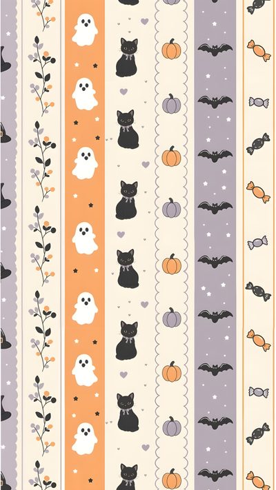 halloween themed wallpaper with cats, bats and pumpkins on the striped line background Halloween Cat Stripes Pattern Halloween, Halloween Wallapers Aesthetics, Patterns Halloween, beige