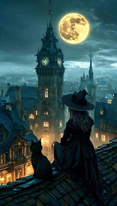 a woman sitting on top of a roof next to a cat looking at the moon Gothic Halloween Witch City Witch, Witch City, Halloween Witch Aesthetic, dark slate gray
