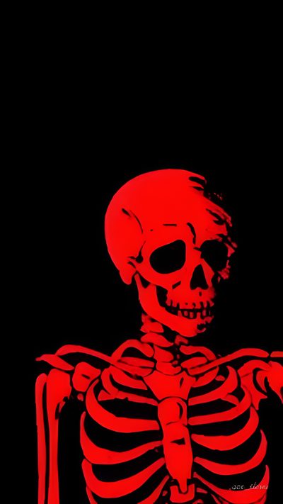 a red skeleton sitting in the middle of a black background with an orange glow on it's chest Halloween Red Skull Skull Live, Red Skeleton, Red Skeleton Background, Red Skeleton Aesthetic, black