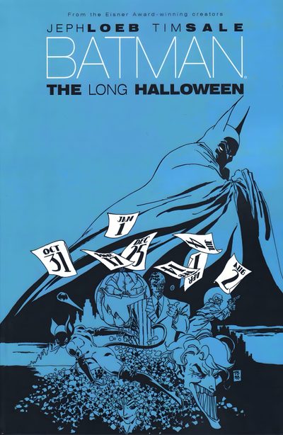 batman the long halloween movie poster with an image of a man in a cape on top of Batman The Long Halloween Long Halloween, Batman The Long Halloween Covers, Absolute Batman Villains, steel blue