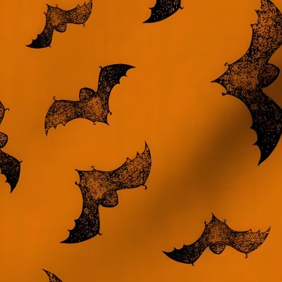 an orange background with black bats on it Vintage Bats For Halloween Fabric And Christmas Fabric, Modern Fabric, Orange Bat Pattern Design, chocolate