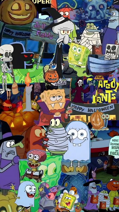 an image of many different cartoon characters in the same photo, all with pumpkins on them Spongebob Squarepants Halloween Spongebob Theme Pumpkin, Spooky Spongebob, Spongebob Halloween, dim gray