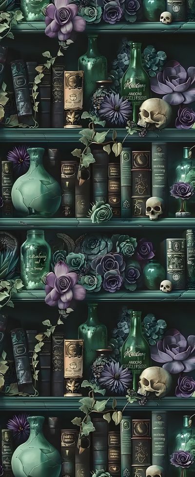 Apothecary Aesthetic Wallpaper, Witchy Phone Backgrounds Aesthetic, Apothecary Phone Wallpaper, Witch Apothecary Wallpaper, Phone Backgrounds Witchy, Witchy Background Wallpapers, Green And Violet Aesthetic, Purple Grimoire Wallpaper, Witchy Backgrounds How To Decorate With Halloween Apothecary Aesthetic, Witchy Phone Backgrounds Aesthetic, Apothecary Phone, dark slate gray