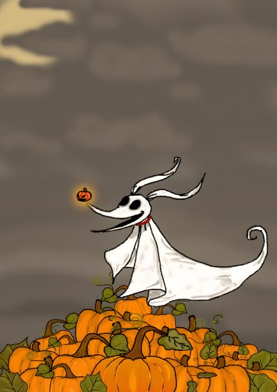 a drawing of a dog dressed as a ghost on top of a pile of pumpkins Zero Halloween Jack Skellington Dog, Nightmare Before Christmas Pictures, Zero Nightmare Before Christmas, dim gray