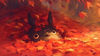 a painting of a cat hiding in the leaves with its eyes wide open and it's head sticking out Totoro Halloween Cute Desktop, Fond D Ecran, Free Download, Hayao Miyazaki, Laptop, Miyazaki, brown