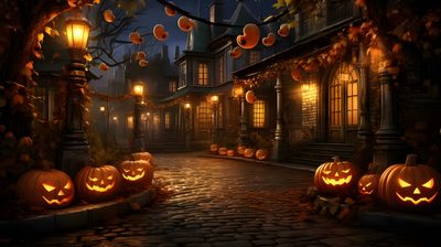 halloween pumpkins on the cobblestones in front of an old house at night Halloween Town 4k Haunted Village, Haunted Village Background Hd, Spooky Halloween Village At Night, black