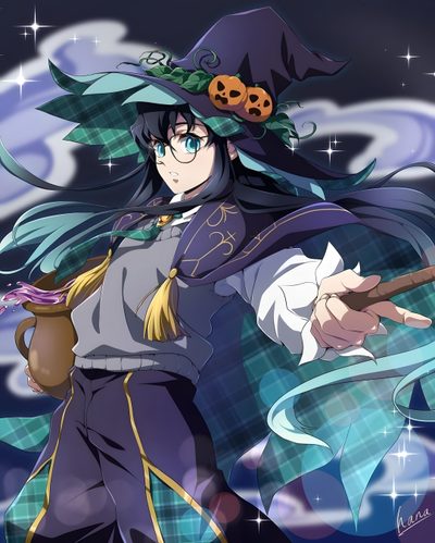 an anime character dressed as a witch holding a broom Halloween Muichiro Muichiro Halloween Pfp, Muichiro Halloween, Halloween Muichiro Pfp, dark slate gray