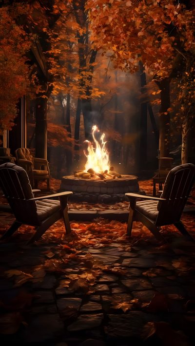 two chairs sitting in front of a fire pit surrounded by fall foliage and trees with orange leaves on the ground Halloween Fireplace Autumn Campfire Scene, Fall Gif, Autumn Campfire, Cozy Autumn Night, Cozy Fall Fire, black