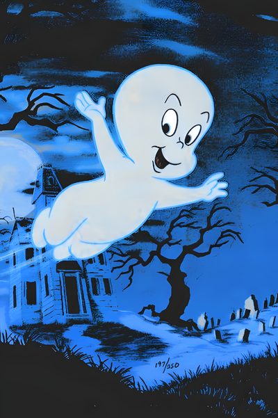 an animated ghost flying over a graveyard with spooky trees and houses in the background Casper Halloween Casper The Ghost Pfp, Blue Halloween Images, Blue Ghosts, Ghost Cartoon Aesthetic,