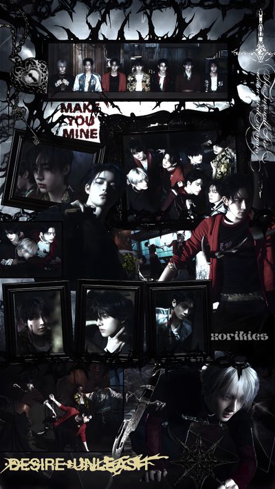 an advertisement for the movie desirie univered with images of people and bats Enhypen Halloween Kpop Demon Hunters, Enhypen Dark Blood Font, Enhypen Halloween, Enhypen Maknae Line, black