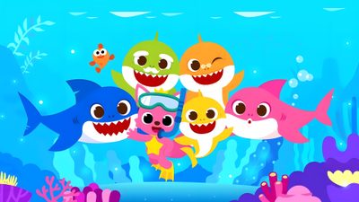 a group of cartoon sharks swimming in the ocean with corals and fish around them Baby Shark Halloween Diy Shark Costume, Baby Shark Do Do Do Do Do, Baby Shark Do Do, deep sky blue