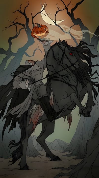 a drawing of a man riding on the back of a horse with a pumpkin in it's mouth Halloween Headless Horseman Horror-themed Tarot Inspiration, The Headless Horseman Fanart, Sleepy Hollow Illustration, dark slate gray