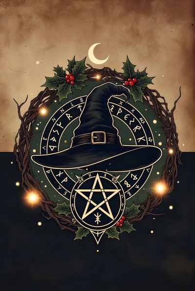 a witches hat with stars and holly wreaths on it, surrounded by lights in the background Halloween Celtic Pagan Yule, Yule Iphone, Christmas Witchy, Winter Witchy, Yule Screensaver, dark slate gray