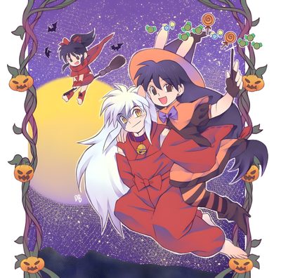 two anime characters in front of a full moon with pumpkins on the ground behind them Inuyasha Halloween Inuyasha Pumpkin Carving, Ranma 12 Halloween, Akira Inuyasha, Inuyasha Witch, rosy brown