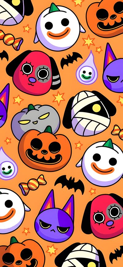 an orange background with many different halloween faces Acnh Halloween Halloween Widgets, Animal Crossing Fall, Animal Crossing Halloween, sandy brown