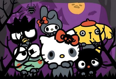 an image of hello kitty and friends in the woods at night with full moon behind them Hello Kitty And Friends Halloween Halloween Hello Kitty Laptop, Hello Kitty Halloween Laptop, Halloween Ios, dark slate gray