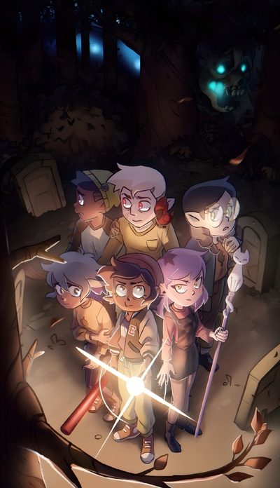an image of some cartoon characters standing in the middle of a forest with glowing eyes The Owl House Halloween Cute Owl House, The Owl House Iphone, The Owl House Background Art, dark slate gray