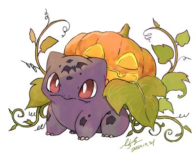 a drawing of two monsters with pumpkins on their heads and leaves in the background Halloween Bulbasaur Gengar And Bulbasaur, Chikorita Halloween, Bulbasaur Mimikyu, Ghost Type Bulbasaur, white