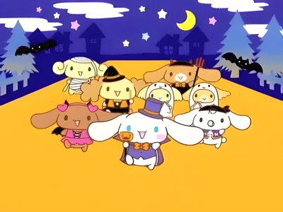 cartoon characters are standing in the middle of a field Cinnamoroll Halloween Gif Hello Kitty Halloween Gif, Halloween Cinnamon Roll Hello Kitty, Cinnamoroll Pumpkin, sandy brown