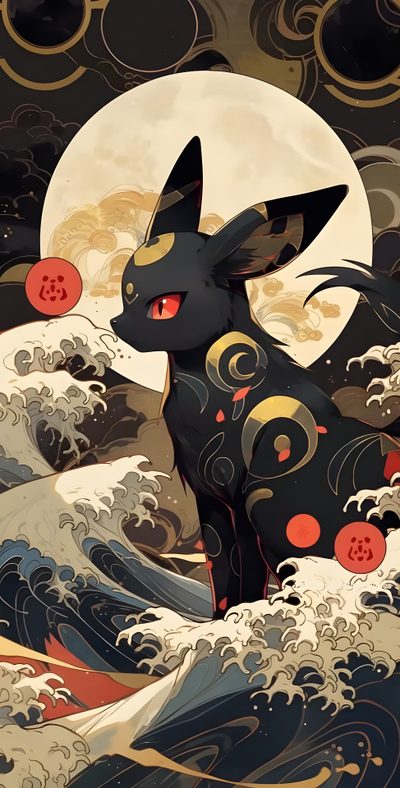 a black cat sitting on top of waves in front of a full moon and clouds Halloween Umbreon Umbreon Art, Japanese Pokemon, Umbreon Poster, Cute Dark Pokemon, dark olive green